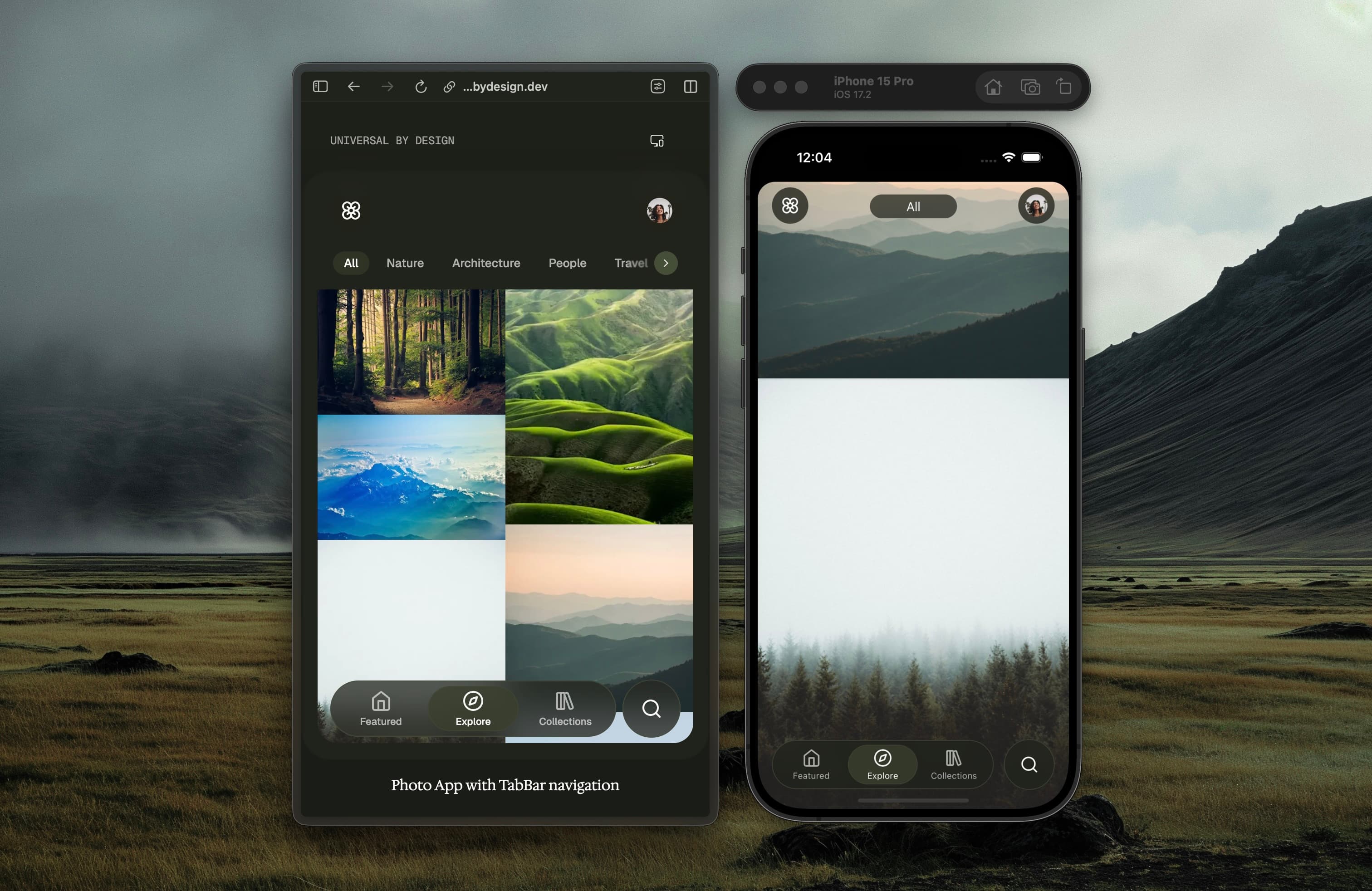 An image showing the UI of a mobile application running in an iOS simulator, and a narrow web browser window to show curated photograph, displaying the main navigation at the bottom with Featured, Explore and Collection sections. The Explore page is the current selection, displaying a chips-like top navigation for categories, and the corresponding photo feed.