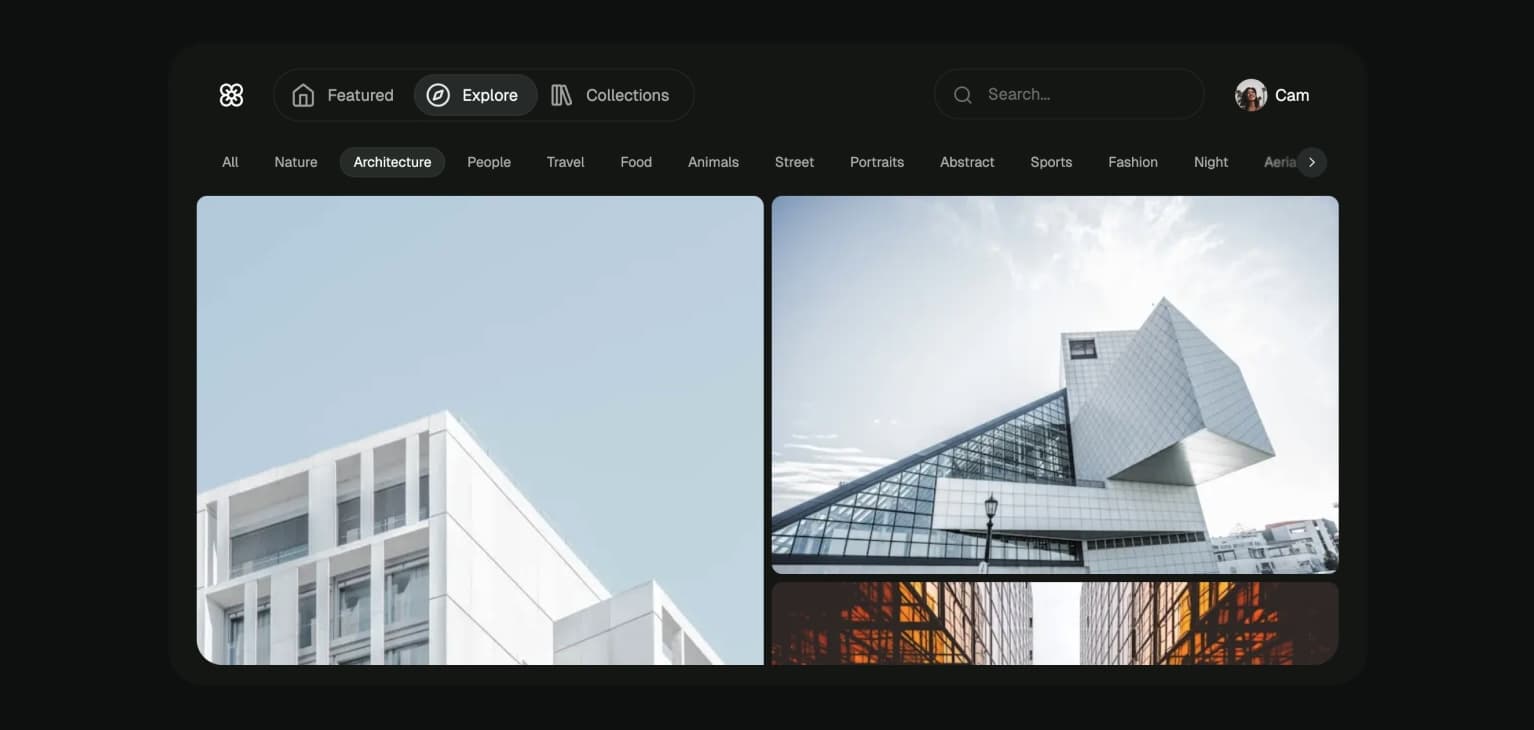 An image showing the UI of a web application to show curated photograph, displaying the top level navigation with Featured, Explore and Collection sections. The Explore page is the current selection, displaying a chips-like top navigation for categories, and the corresponding photo feed.